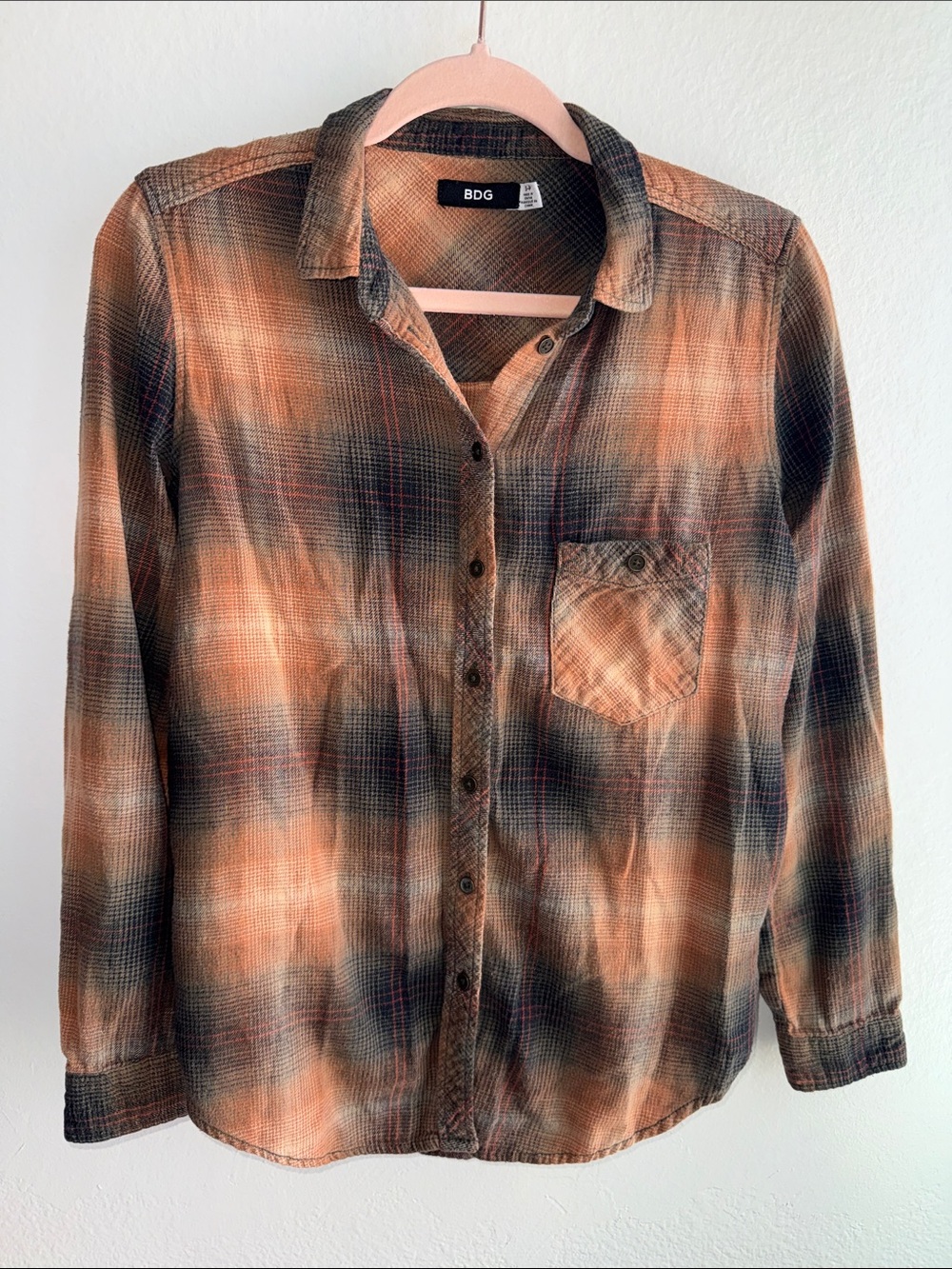 BDG Plaid Button Down Shirt Flannel Top Orange Black Wash UO Cotton Small Fall